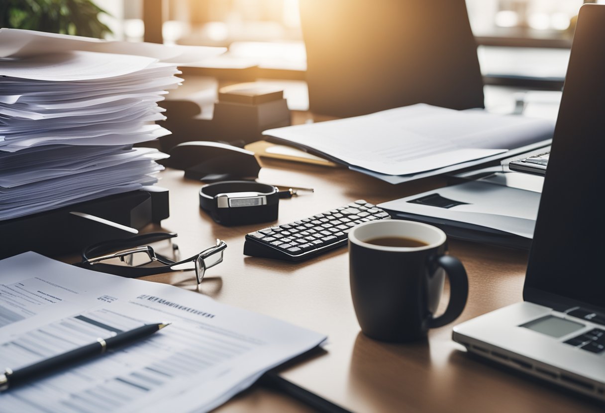 A desk with scattered papers, a computer, and a stack of folders labeled "Ownership Documents" and "Important Information for Sale."