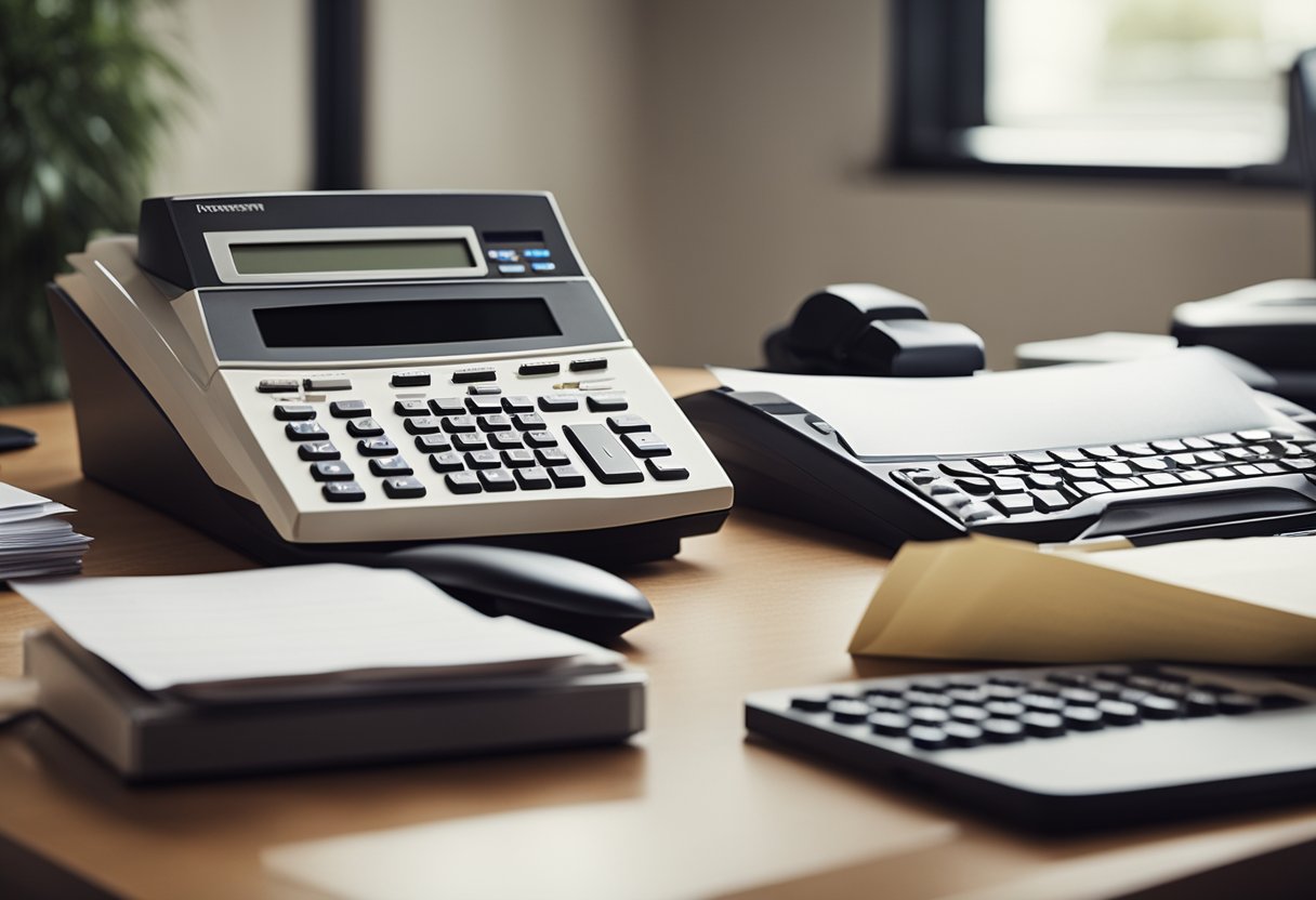 A desk with a stack of papers, a computer, and a calculator. A folder labeled "Important Documents" sits open