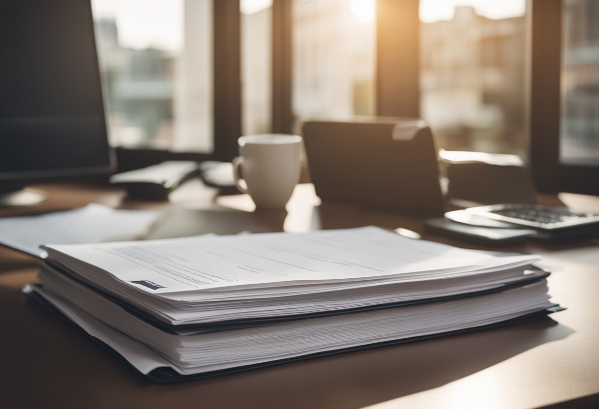 A stack of important documents and a checklist on a clean, organized desk. A "For Sale" sign visible through a window