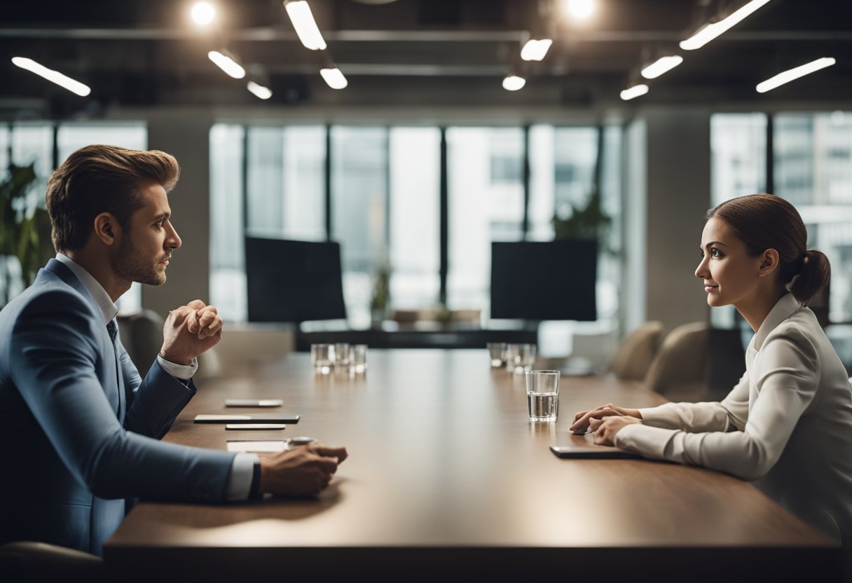 A table with two people on opposite sides, one presenting a product and the other listening attentively. Both are engaged in a negotiation