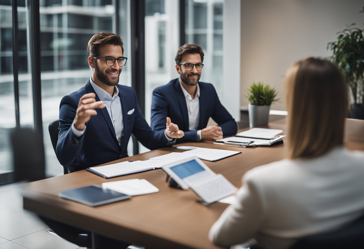 A confident negotiator sitting across from a potential buyer, calmly presenting compelling arguments and data to justify the desired price