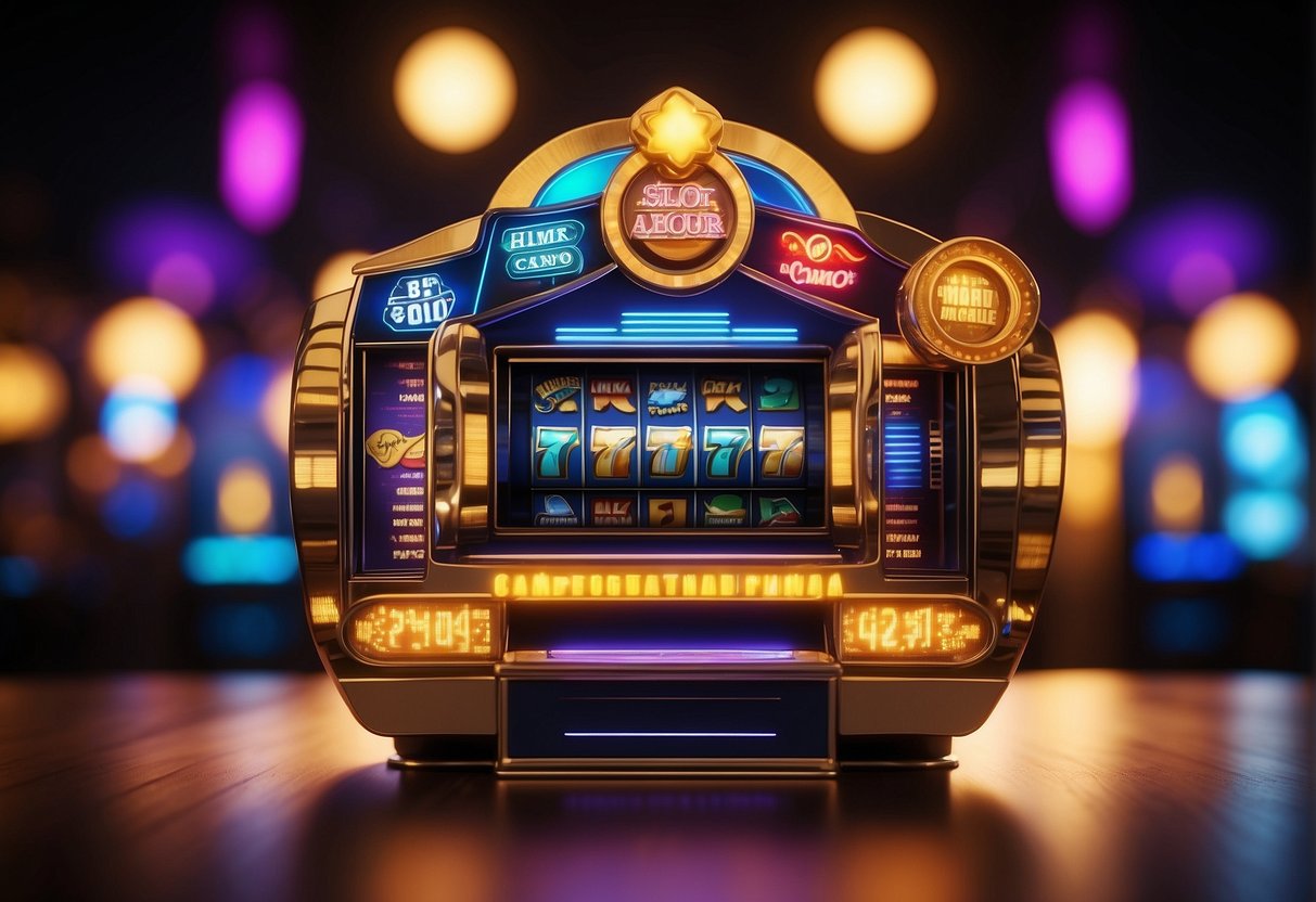 Colorful digital casino logos with PayPal logo prominently displayed. Excited players winning big on slot machines. Fast and secure payment transactions