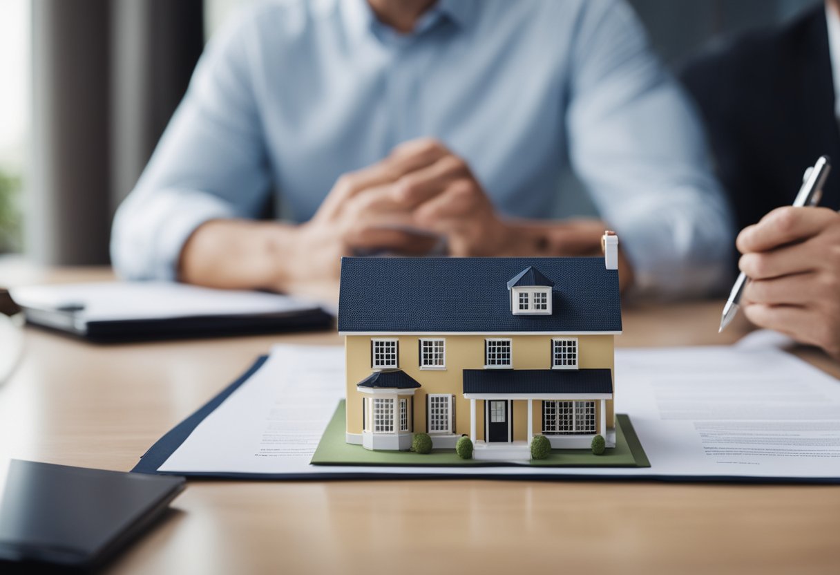 A person signing a contract for a house sale, with a real estate agent explaining legal aspects