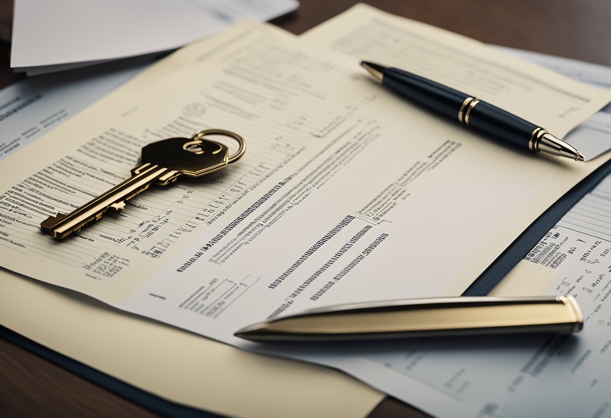 A legal document on a table with a pen, surrounded by key documents and a house key