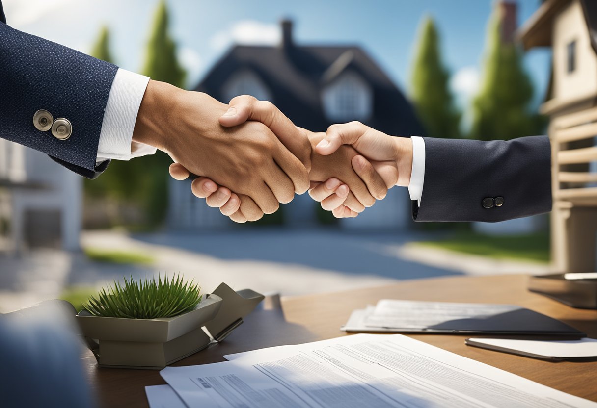 A handshake between a buyer and a seller, with a contract and a house in the background