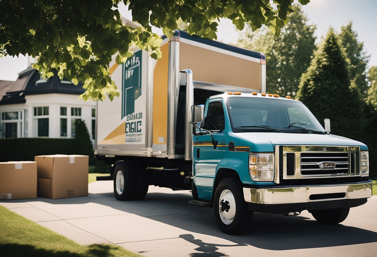 A moving truck parked outside a sold house, with boxes being loaded onto it. Real estate sign in front. Sunny day