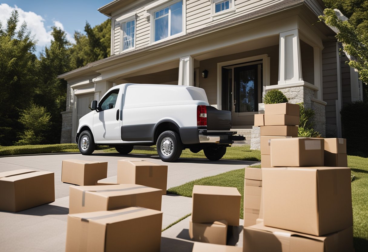 A moving truck parked outside a house, boxes being loaded onto it. A "Tips for a smooth moving process after selling a home" pamphlet on the ground