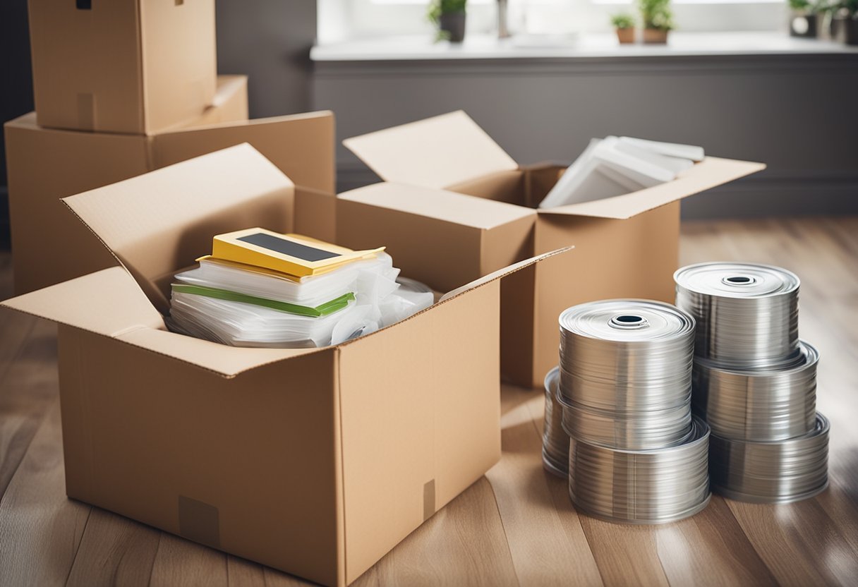 A neatly packed box labeled "Tips for a smooth moving process after selling a house" surrounded by moving supplies and organized paperwork