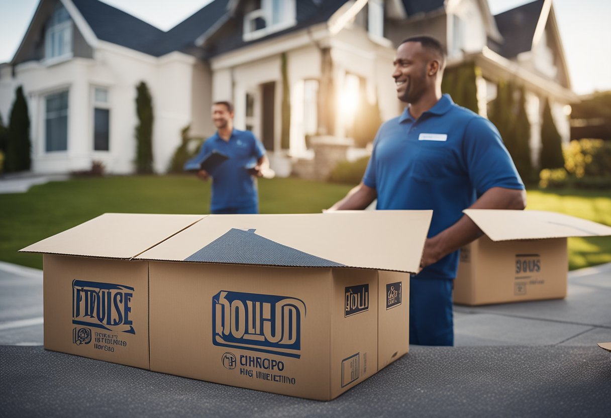 A moving company is chosen. Boxes are packed and labeled. A sold house is in the background