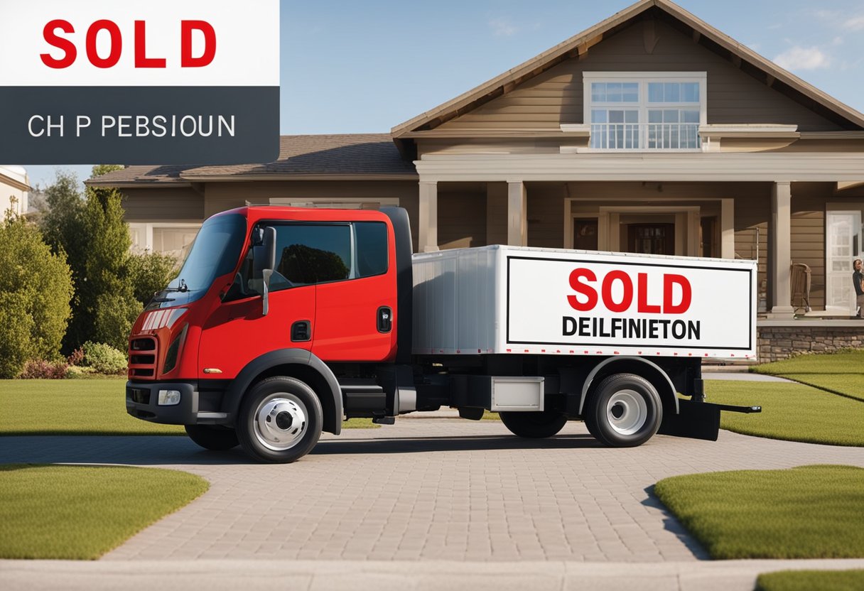 A sold sign on a house with a moving truck in the driveway. Calendar with dates circled for sale and purchase of new home