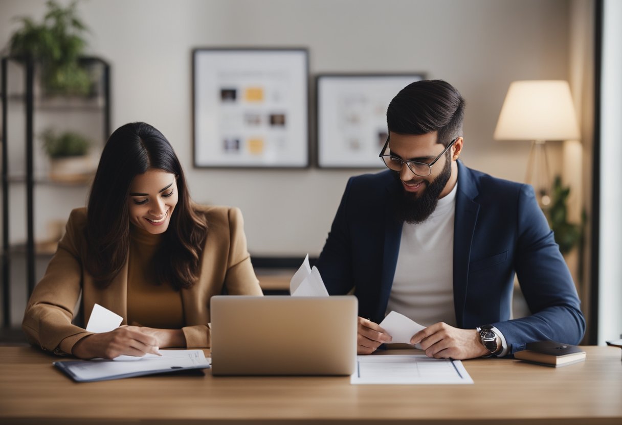 A couple reviews a financial planning document titled "Purchase of new home after sale: Timing and strategy." They sit at a table with papers and a laptop