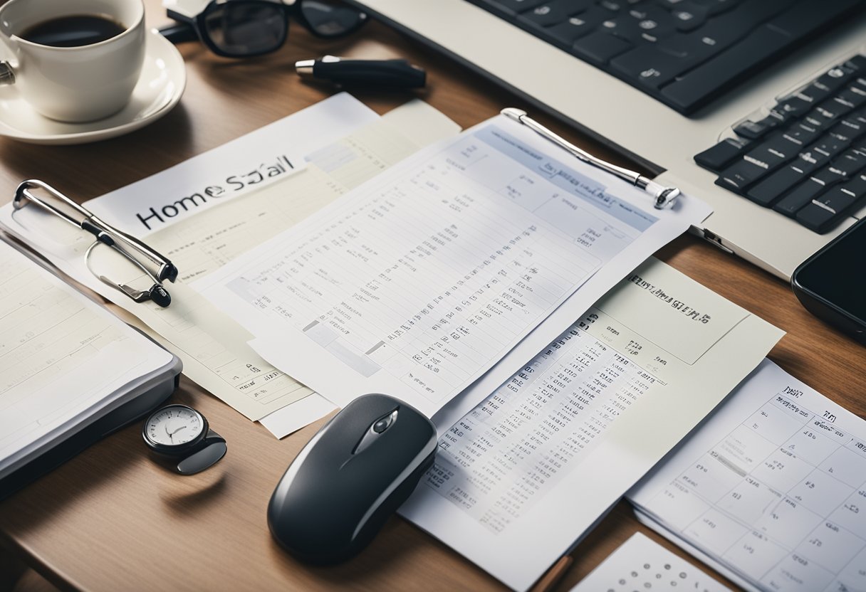 A desk cluttered with papers, a calendar with important dates circled, and a computer screen displaying a checklist for updating documents after a home sale