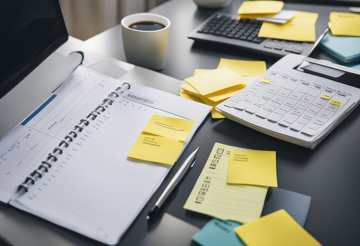 A desk with a stack of papers, a computer, and a calendar showing important dates. Post-it notes with reminders and a checklist are scattered around the workspace