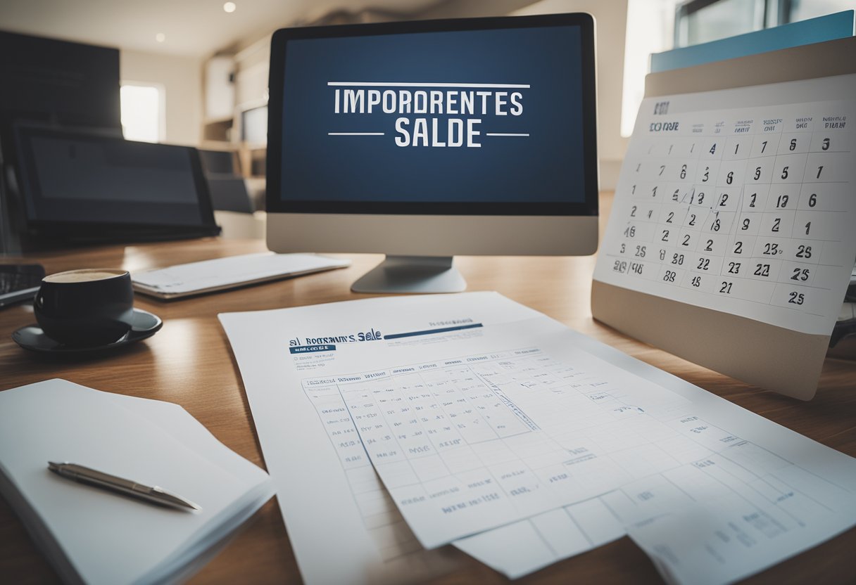 A desk with scattered papers, a calendar with marked deadlines, and a computer screen displaying a document titled "Important Documents for Home Sale: Guidelines and Deadlines."