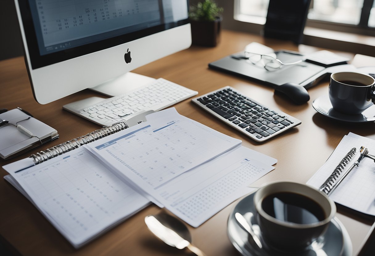 A desk cluttered with paperwork, a calendar with important dates circled, and a computer screen with a document titled "Important Documents for Home Sale: Reminders and Deadlines" open