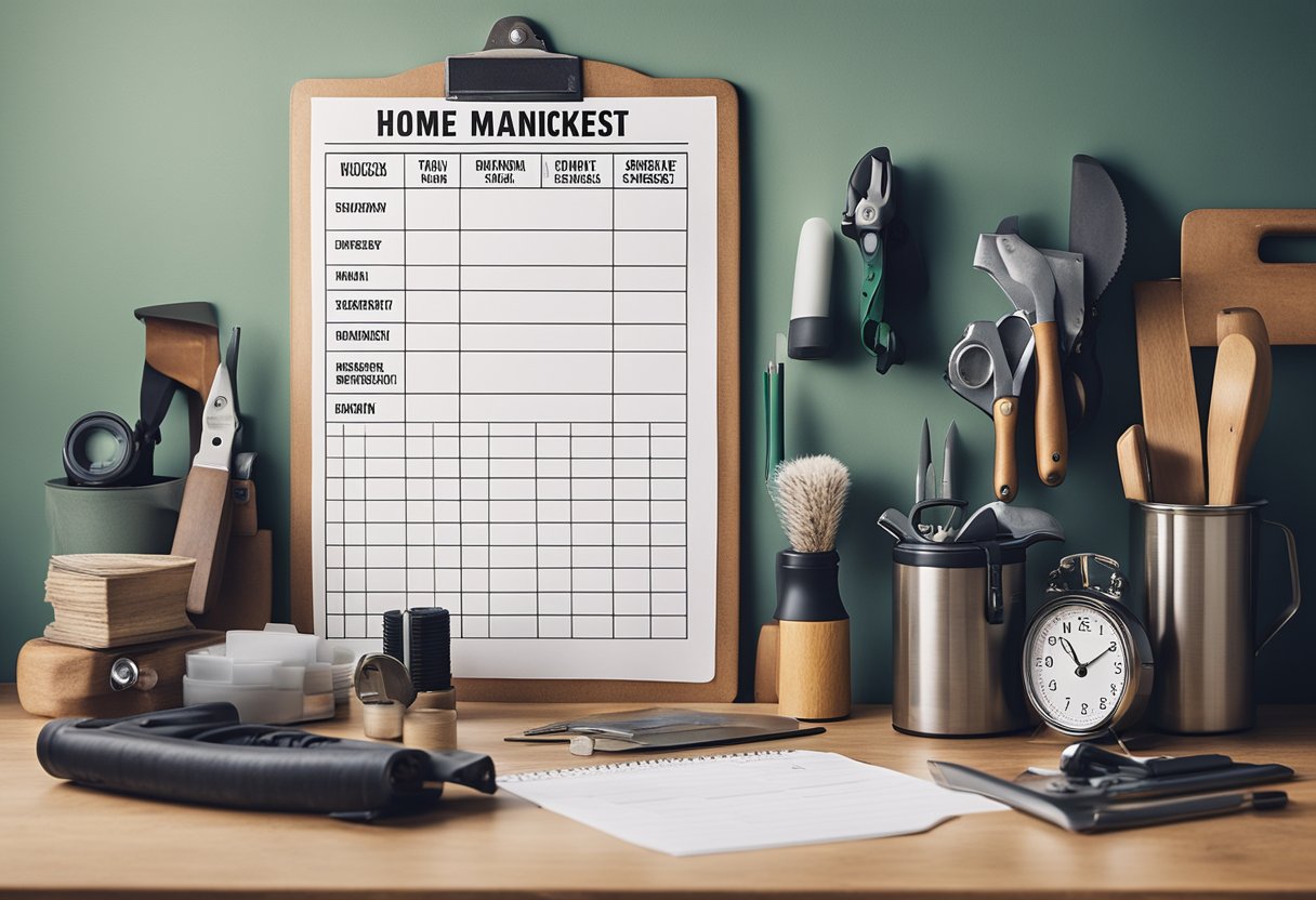 A yearly home maintenance checklist: tools and supplies laid out on a table, with a calendar and a checklist pinned to the wall