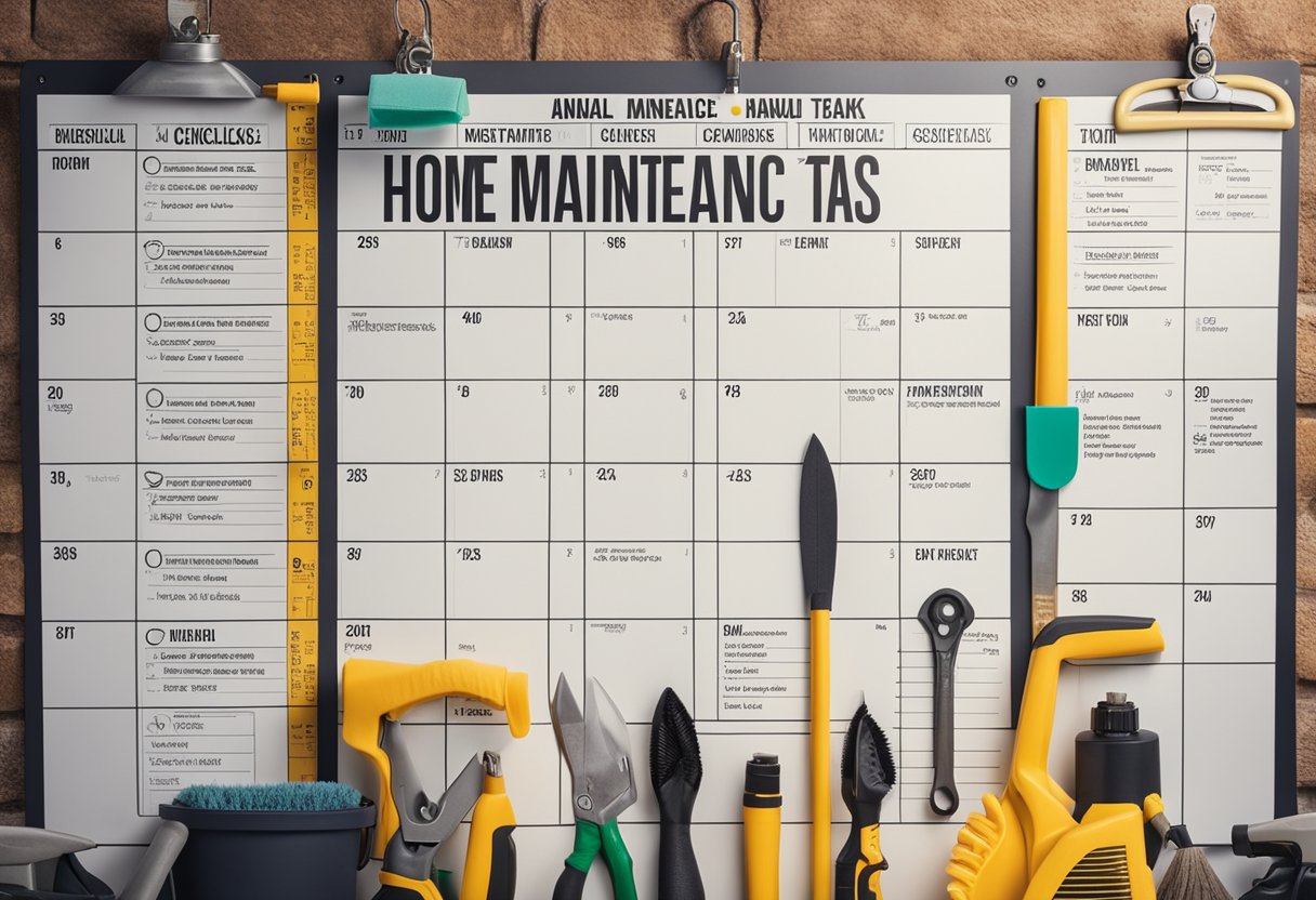 A checklist of annual home maintenance tasks displayed on a wall calendar with tools and cleaning supplies nearby