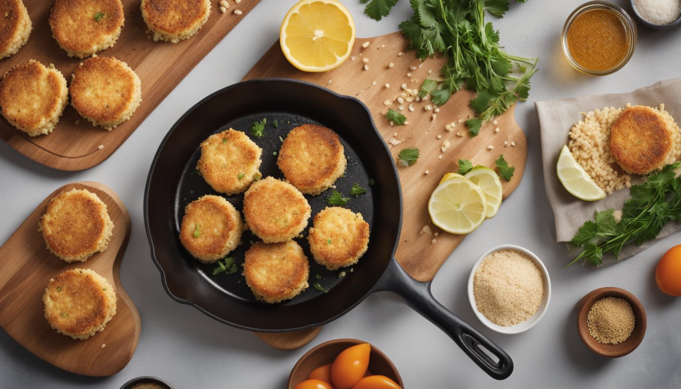 A skillet sizzles as crab cakes fry, emitting a savory aroma. Ingredients like crab, breadcrumbs, and spices are neatly arranged on a countertop