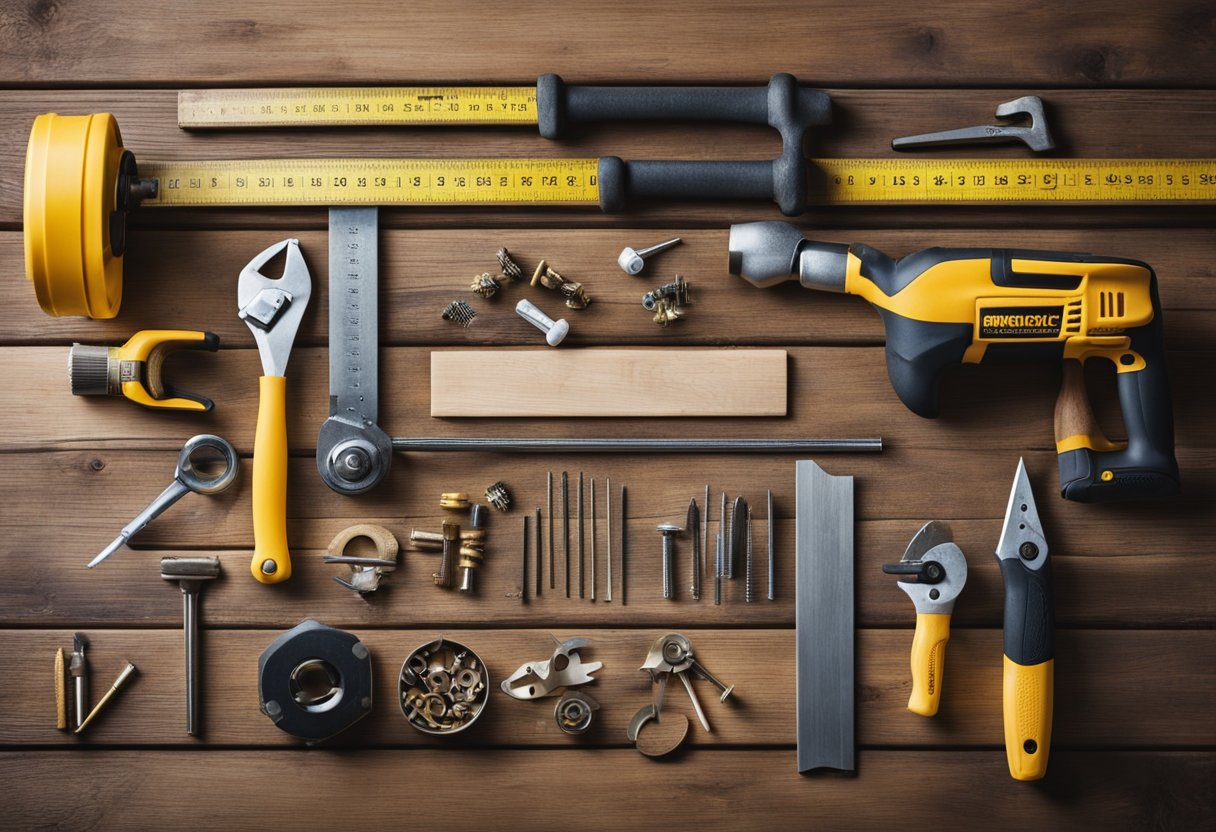 A workbench with various tools and materials for basic home repairs. Saw, hammer, nails, screws, tape measure, paintbrush, and wood planks