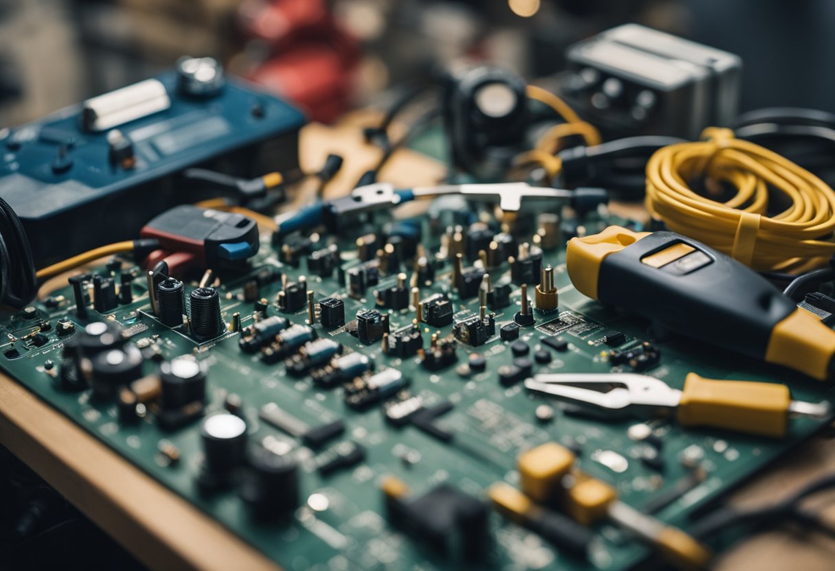 An electrical repair scene with tools and wires on a workbench