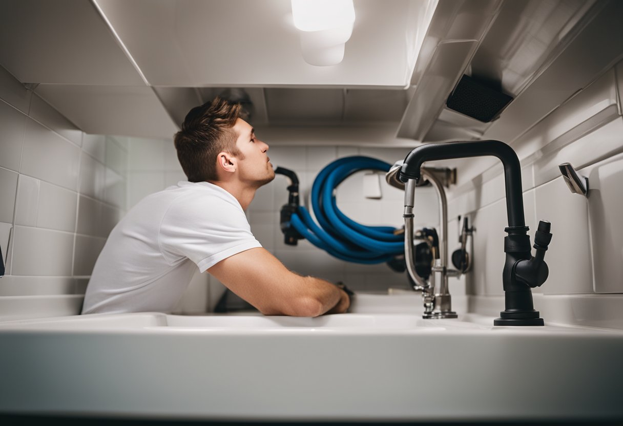 A plumber fixing a leaky pipe under a kitchen sink