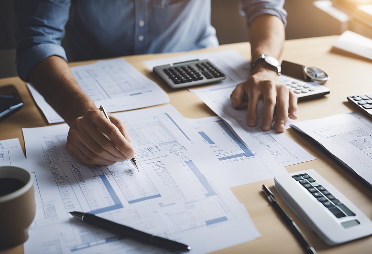 A person creating a budget for a home renovation project, with blueprints, calculator, and design samples spread out on a desk