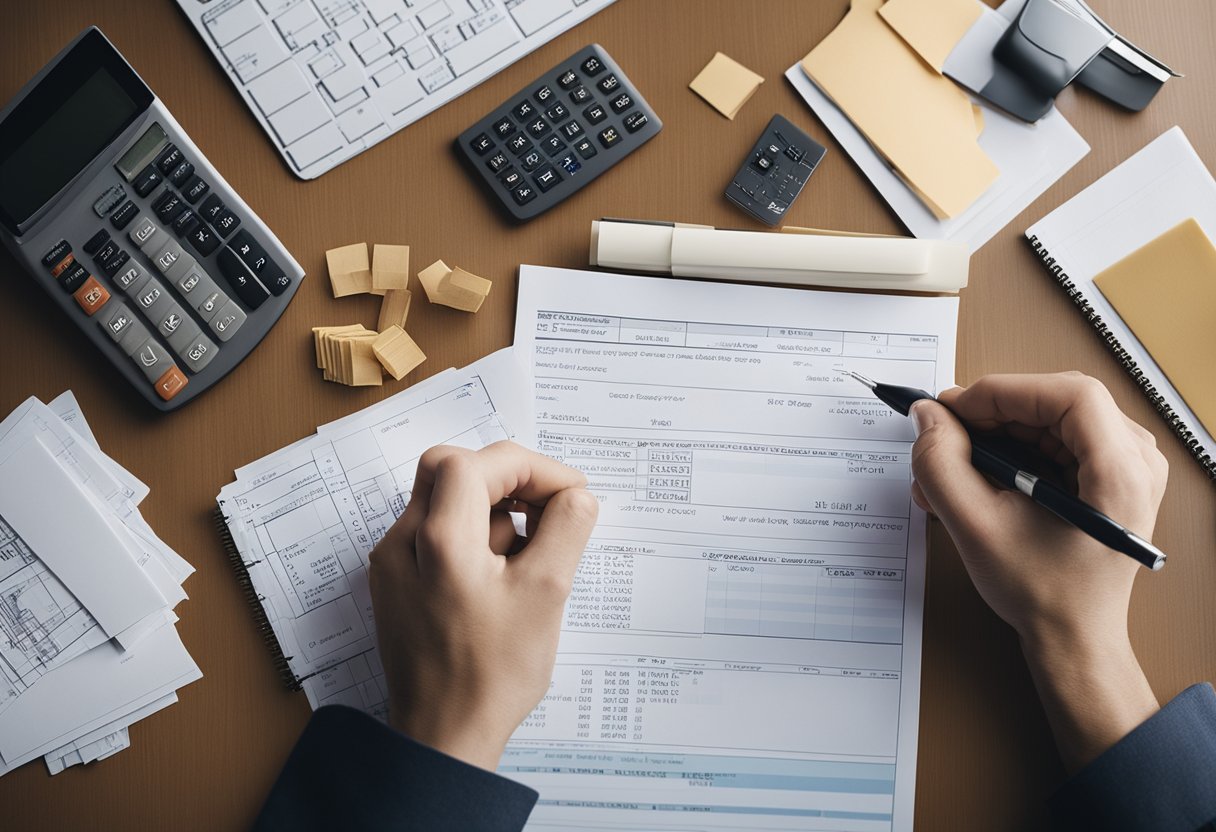 A person creating a budget for a renovation project, with a notebook, calculator, and architectural plans spread out on a table