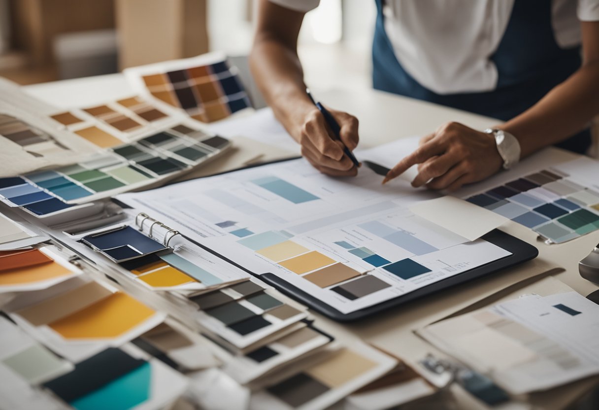 A person holding a clipboard and pencil, surrounded by paint swatches, fabric samples, and floor plans for a home renovation project