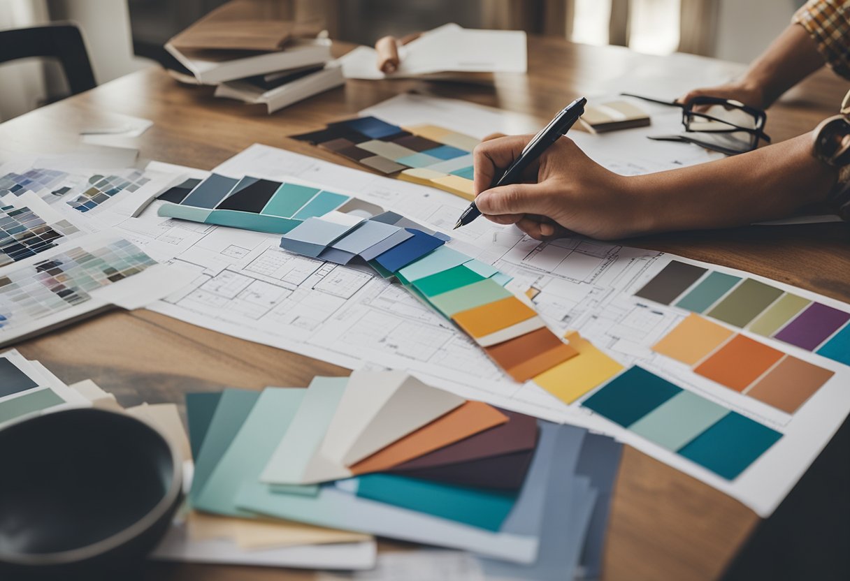 A person using a pen to sketch out a floor plan for a home renovation project, surrounded by design magazines and color swatches