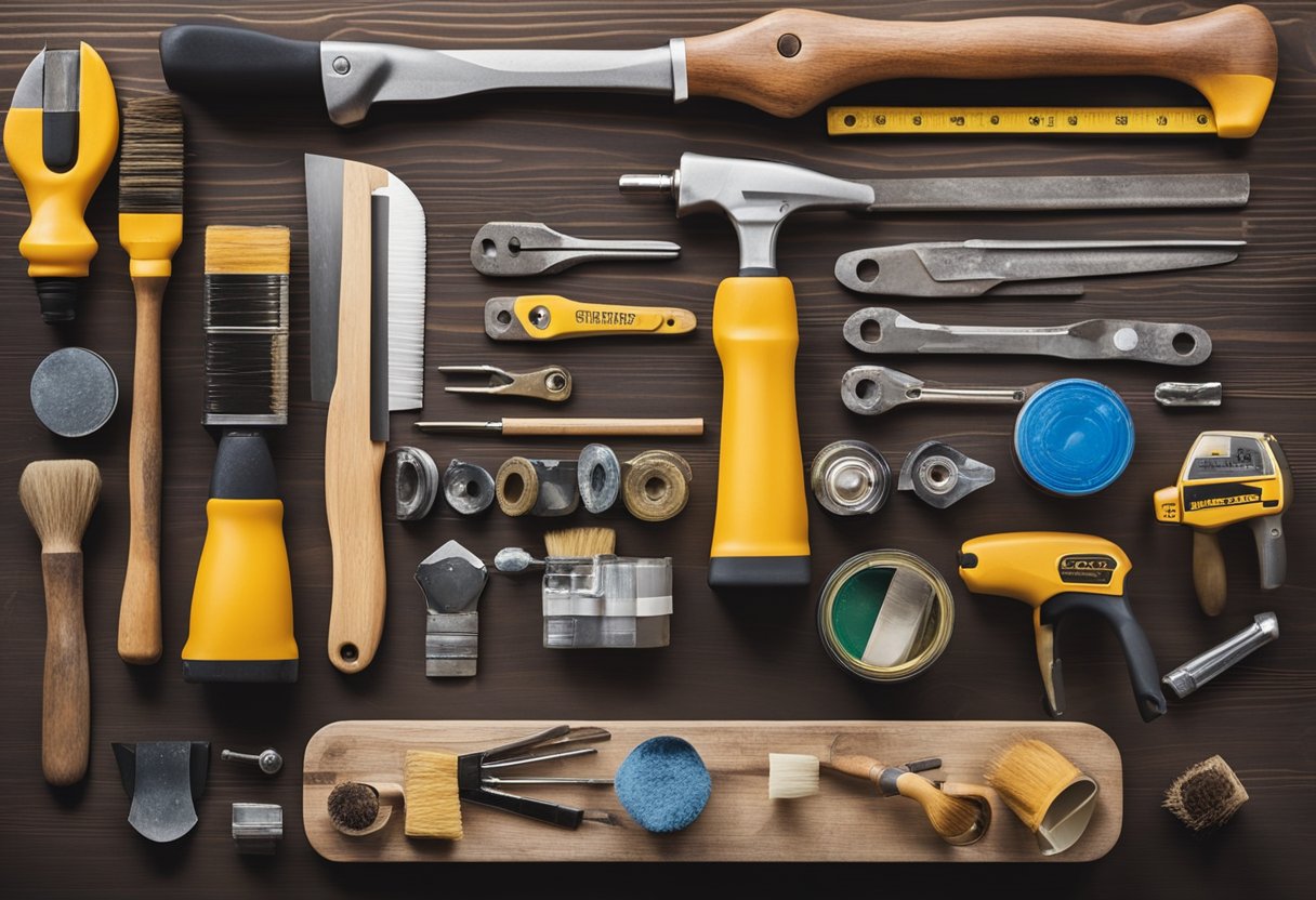 A table with various materials (paint, brushes, tape) and tools (hammer, screwdriver) for a home renovation project