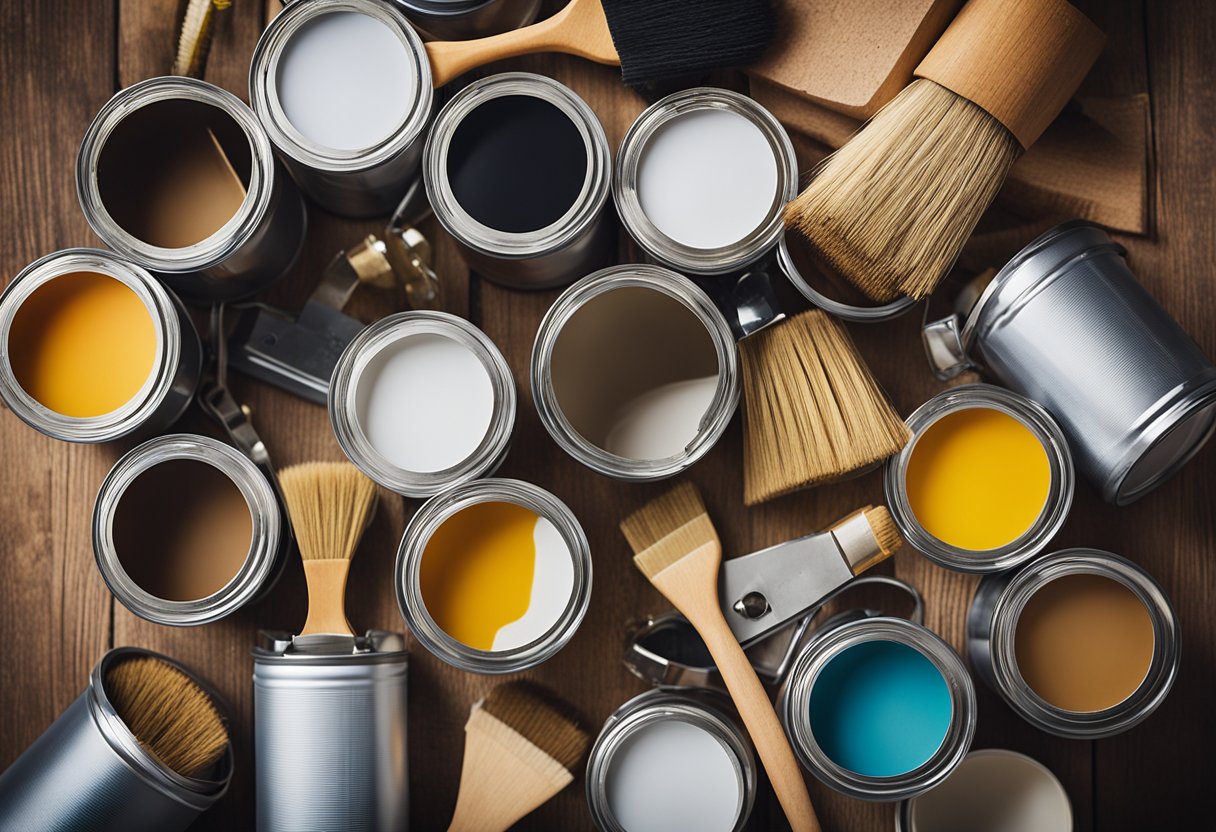 A table with various materials and tools for a home renovation project. Paint cans, brushes, measuring tape, and wood samples are spread out