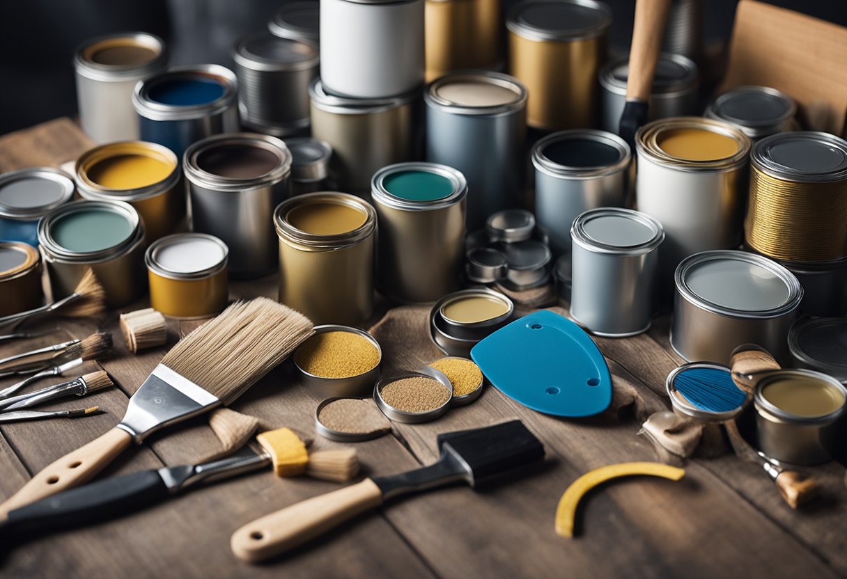 A table with various materials and tools for a home renovation project. Paint cans, brushes, measuring tape, and wood samples are neatly arranged