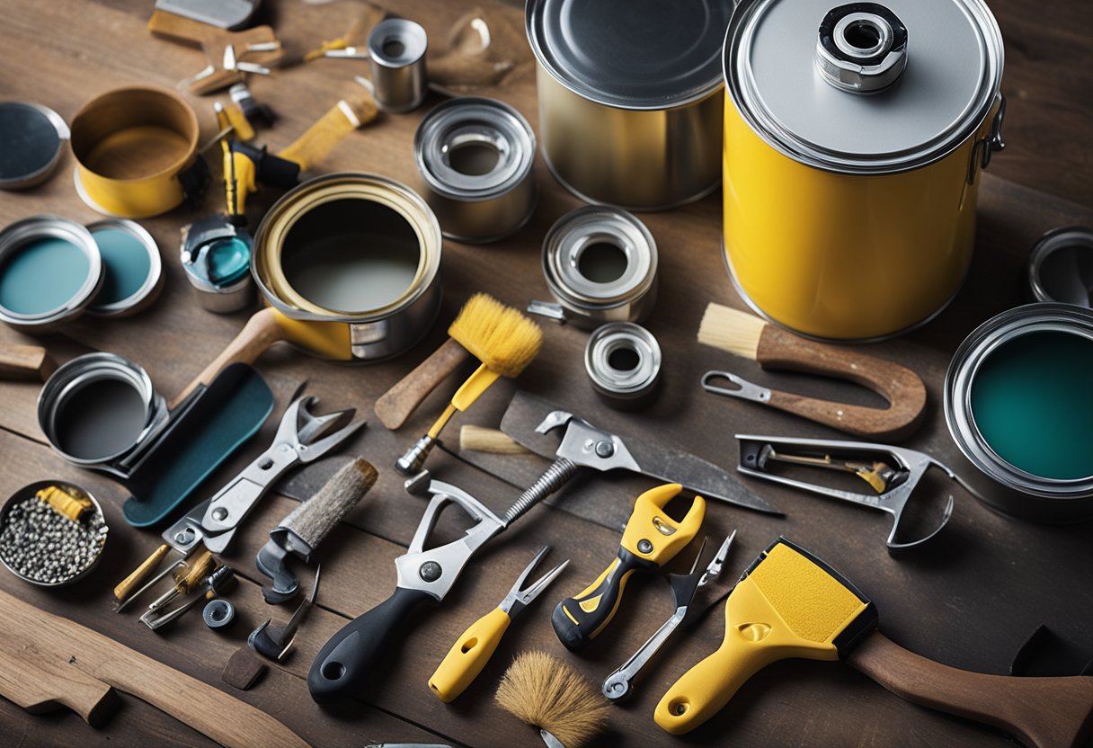 A table with various tools and materials for a renovation project. Paint cans, brushes, saw, hammer, and tape measure are neatly arranged