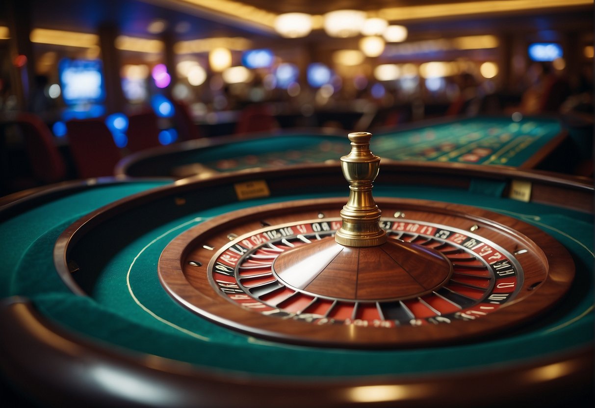A roulette wheel spinning on a vibrant casino table, surrounded by eager players and a lively atmosphere