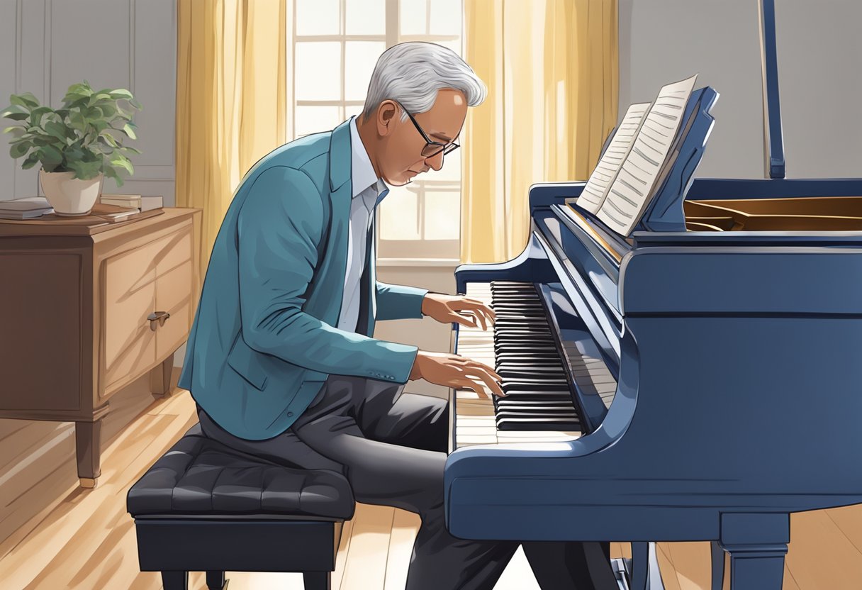 A mature person playing piano, learning the basics of music on the keys