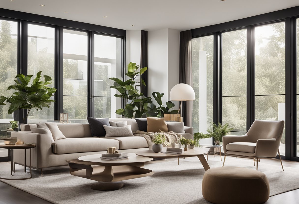 A modern living room with sleek furniture and minimalist decor. Large windows let in natural light, illuminating the space. A neutral color palette creates a sense of calm and sophistication