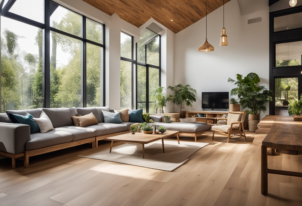 A modern living room with sustainable materials like bamboo flooring, recycled glass countertops, and reclaimed wood furniture. Natural light floods the space, highlighting the eco-friendly elements