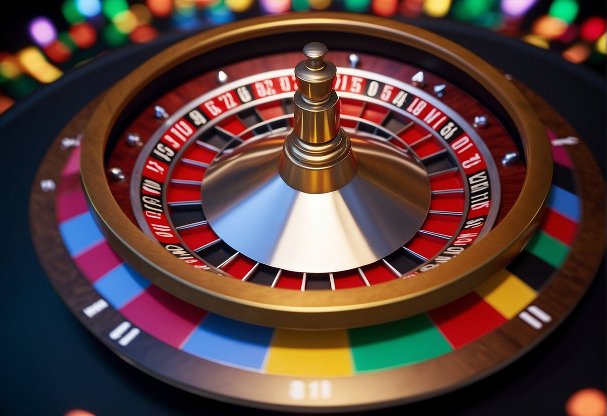 A roulette wheel spins, surrounded by colorful promotional banners and bonus offers. The atmosphere is lively and exciting, with a sense of anticipation in the air