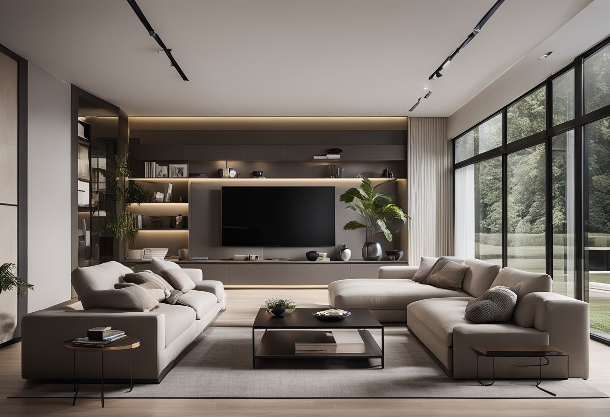 A modern living room with smart home technology, sleek furniture, and integrated devices. Clean lines, neutral colors, and natural light create a minimalist and functional space