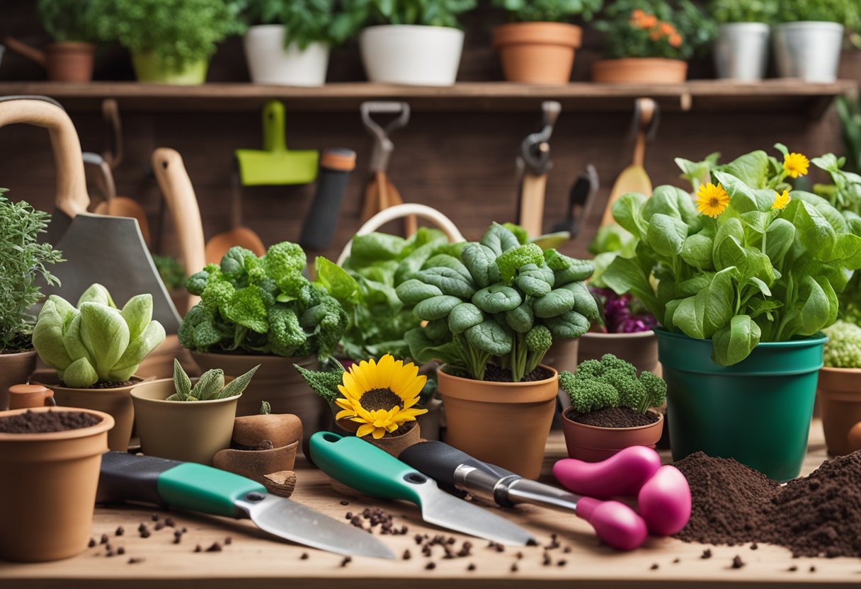 Gardening tools arranged neatly on a wooden workbench, surrounded by potted plants and bags of soil. A colorful array of flowers and vegetables in the background