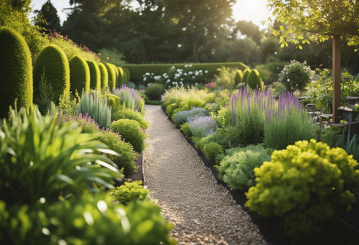 A neatly organized garden with low-maintenance plants and pathways. A sign reads "Tips for an easy-care garden: Minimal effort, maximum enjoyment."