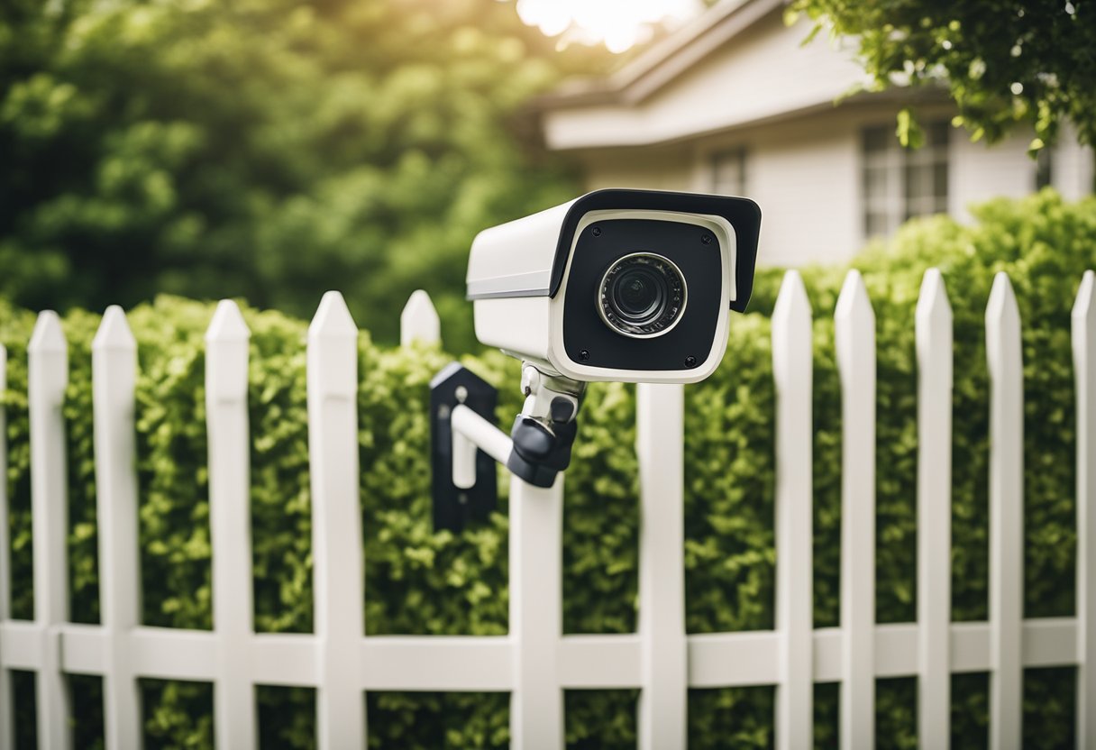 A suburban home with tall fences, lush hedges, and security cameras. A peaceful and secure outdoor environment