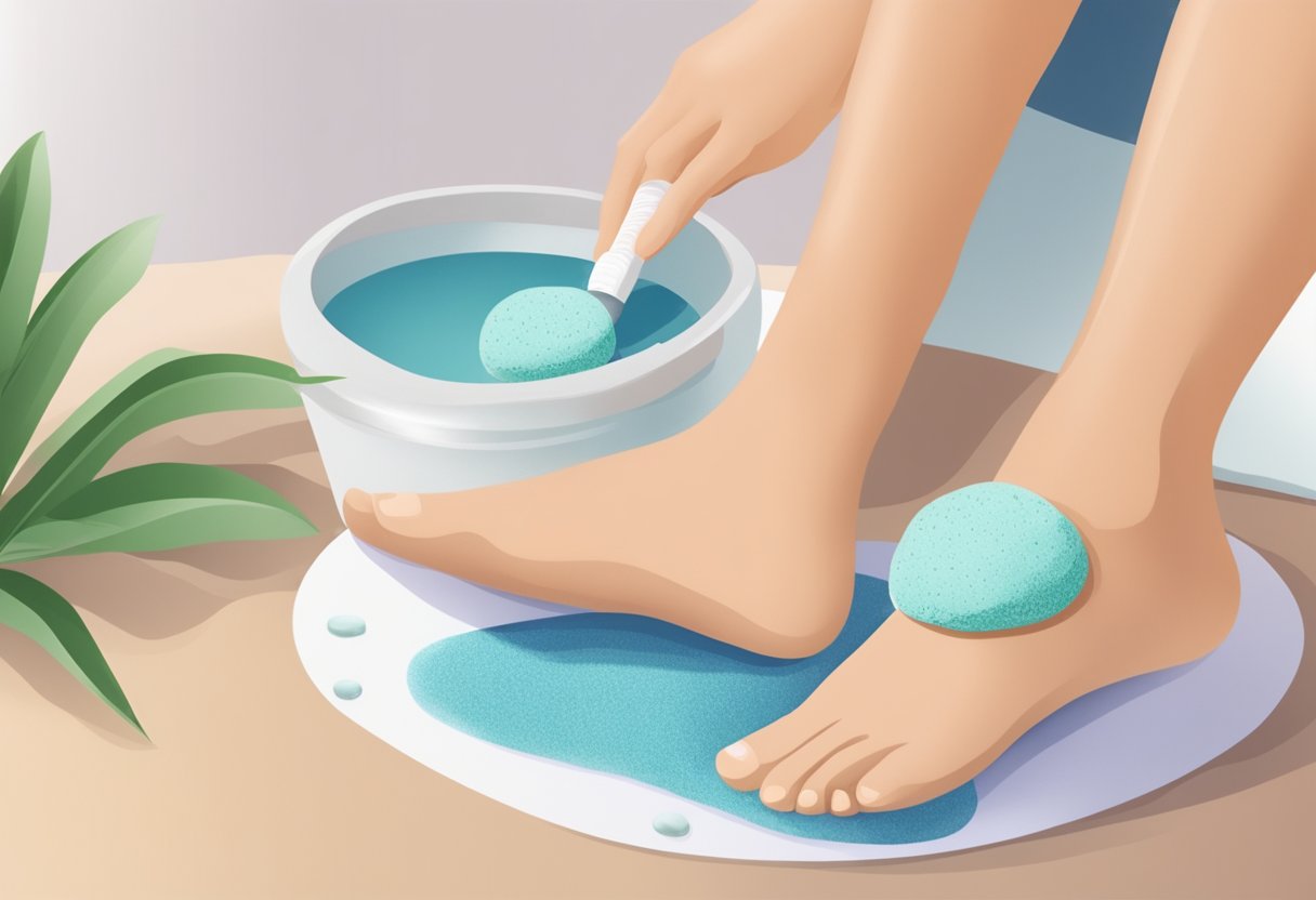 A foot with calluses being treated with lotion and a pumice stone