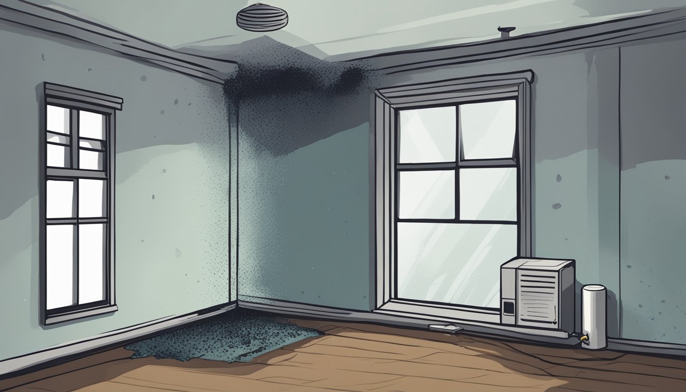 A dark, damp corner of a rental property with visible mold growth on the walls and ceiling. A dehumidifier sits in the corner, struggling to combat the moisture