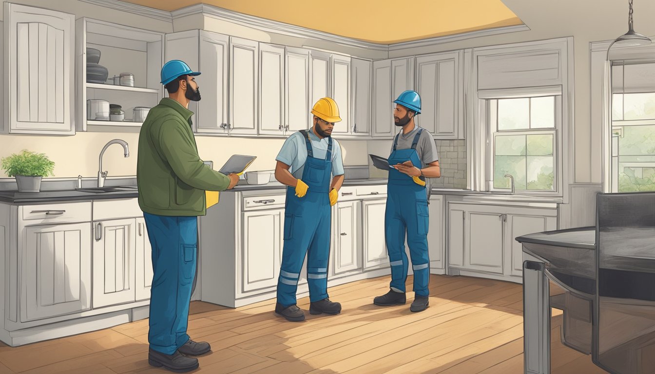 A maintenance worker inspects a rental property for mold, while a landlord and tenant discuss their rights and responsibilities
