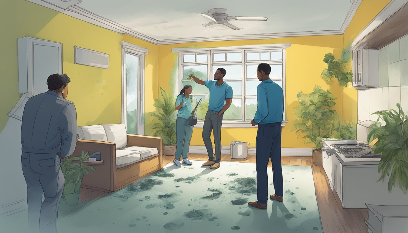 A moldy rental property with visible mold growth on walls, ceilings, and around windows. Tenants and landlords in discussion with a sense of conflict and frustration