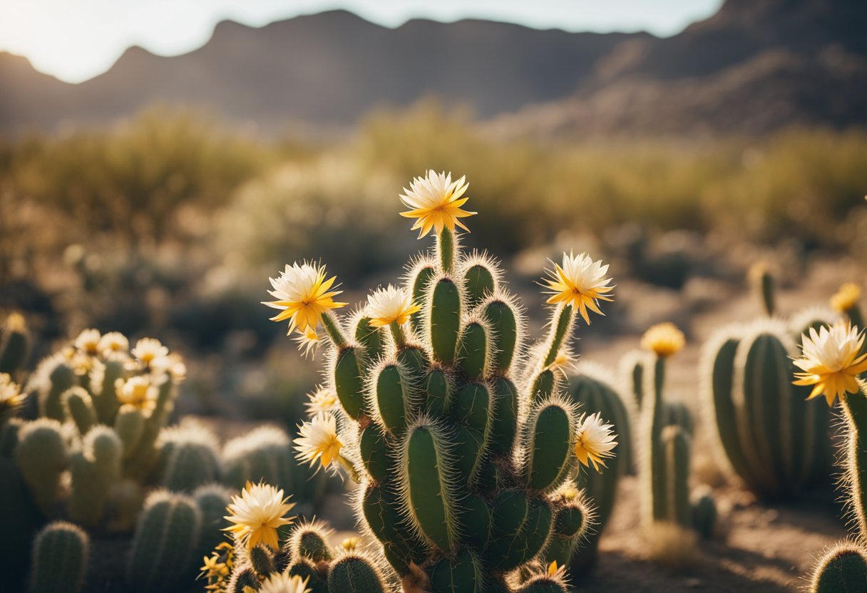 The Flower Blooms of the Desert - The desert landscape is bathed in warm sunlight, showcasing rare and spectacular flowers in full bloom, surrounded by cacti and other resilient plant life