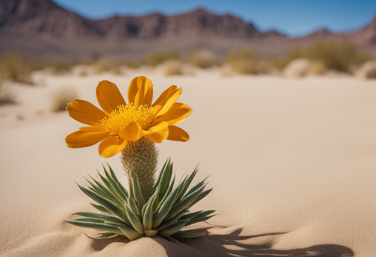 The Flower Blooms of the Desert: Rare and Spectacular Visuals of Arid Beauty - A vibrant desert flower blooms against a backdrop of arid sand and rocky terrain, standing out as a rare and spectacular sight in the harsh environment