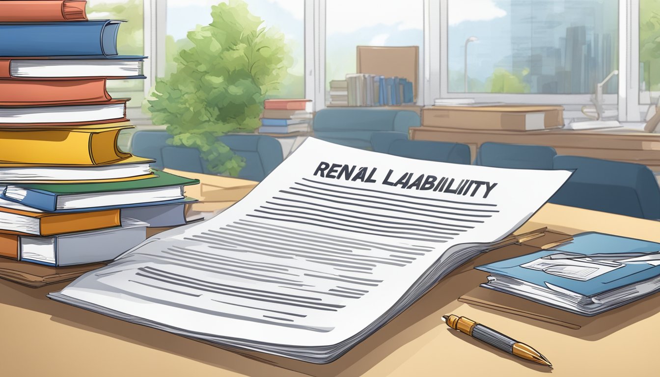 The scene depicts a rental agreement document with a specific clause addressing mold liability, surrounded by legal books and documents