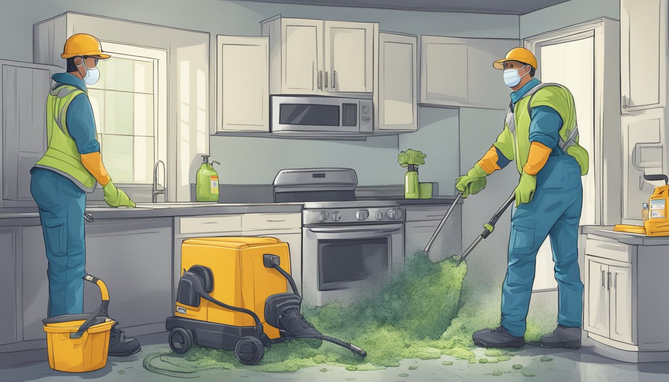 A maintenance worker inspects a moldy area in a rental property, equipped with cleaning supplies and protective gear